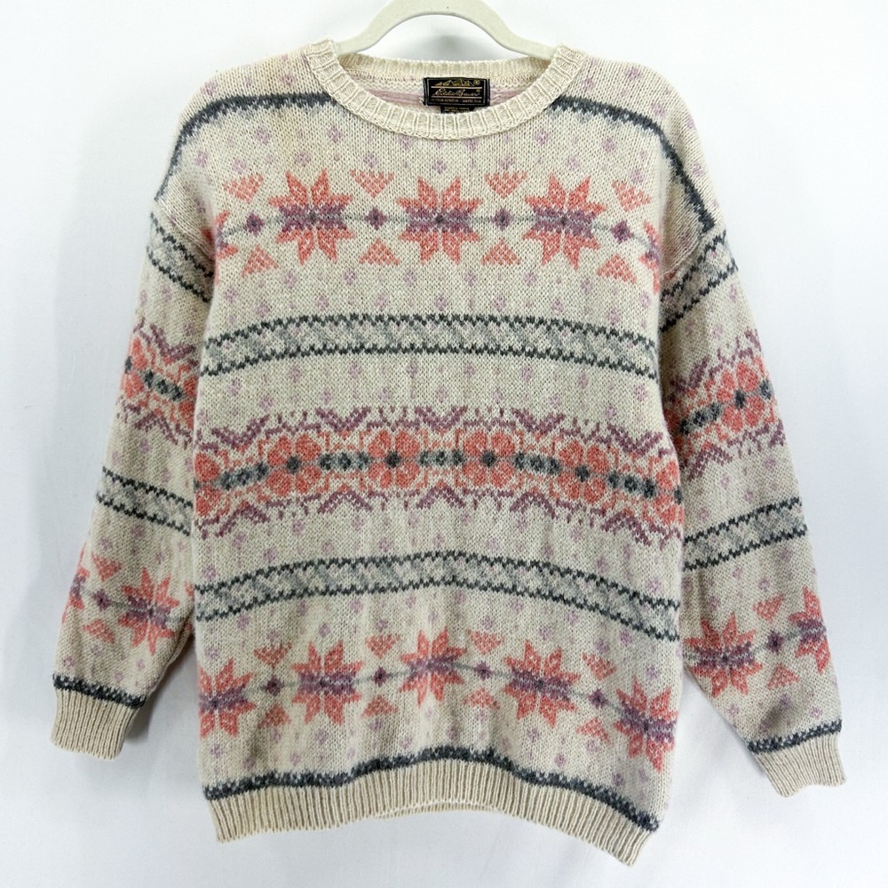Vintage Eddie Bauer Cream Pink Wool Snowflake Fair Isle Christmas Sweater